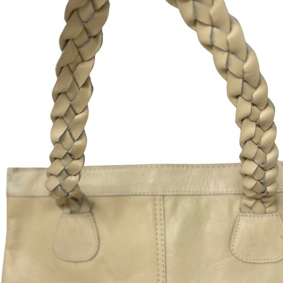 Vtg Sears Genuine Leather Shop Beige PUrse Tote Bag Braided Handles Hobo Bucket - Picture 6 of 13